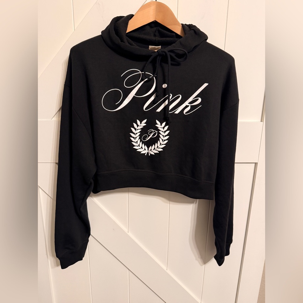 New PINK Victoria's Secret Medium Black Cropped Hoodie Fleece Lined